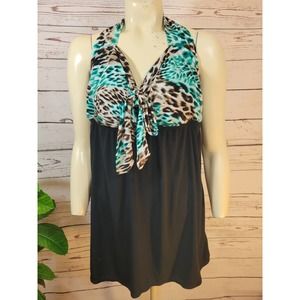 Catalina Green Black Tie Front Halter One Piece Swim Dress Women's Size 2X